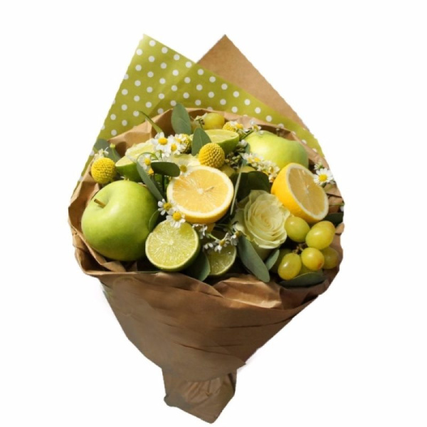 Фруктовый букет из яблок, лимона, лайма и винограда